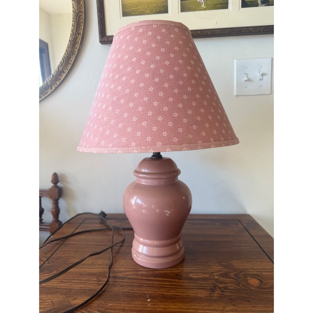 Vintage Pink Ceramic Ginger Jar Lamp Floral Calico Shade Cottagecore Decor